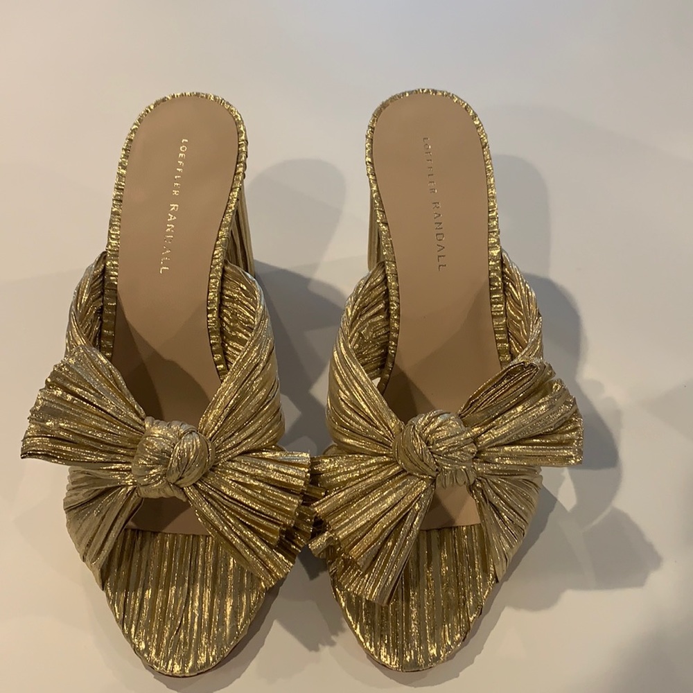 Loeffler Randall gold bow block heels